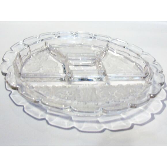 Indiana Glass Divided Plate Serving Platter Coi Fish Fleur de Lis 5Way Clear Vtg - Picture 8 of 8